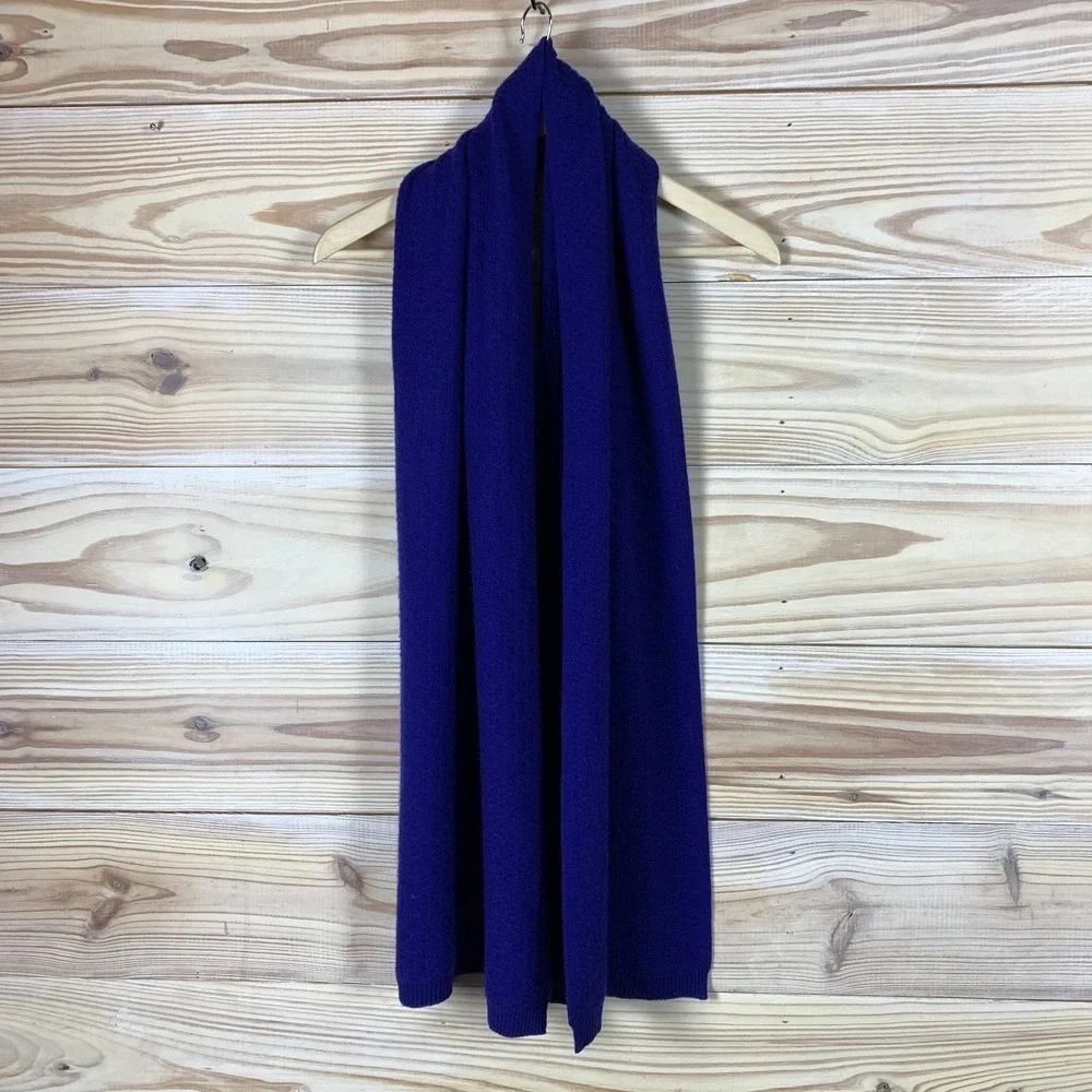 Qi Cashmere Scarf Bold Blue Woven Textured Ribbed Trim Luxury City‎ Travel 14x70 - Picture 3 of 10